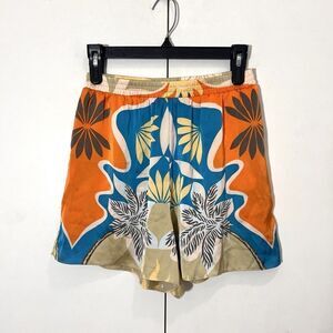 Misa Los Angeles Orange, Blue & Cream Floral Silk Athletic Shorts